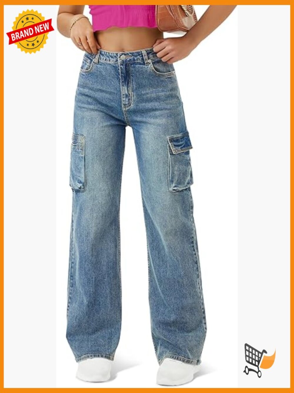 High Waist Baggy Cargo Jeans Y2K Wide Leg Denim Pants Flap Pocket Streetwear - Picture 1 of 7